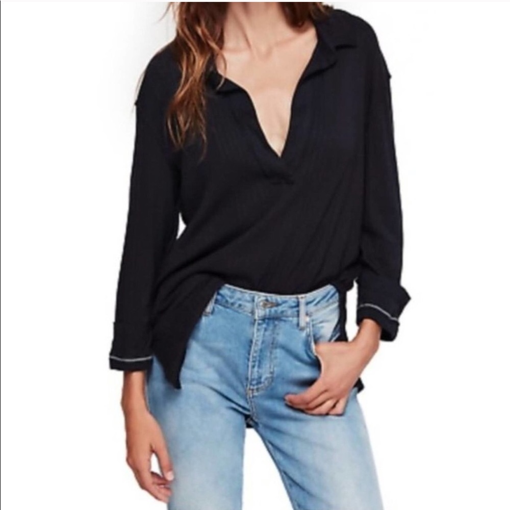 Free People Black Annie Ribbed Collared Top V Neck Size XS